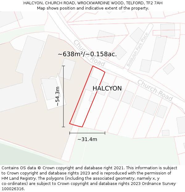 HALCYON, CHURCH ROAD, WROCKWARDINE WOOD, TELFORD, TF2 7AH: Plot and title map