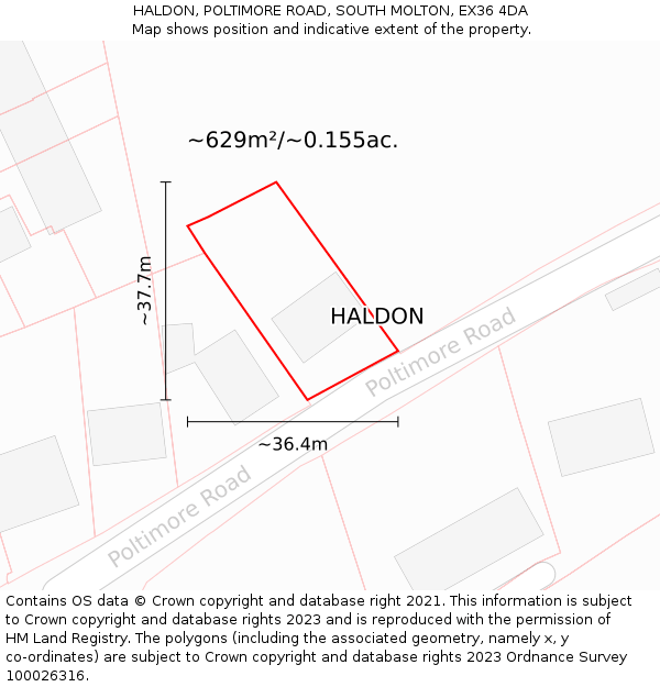 HALDON, POLTIMORE ROAD, SOUTH MOLTON, EX36 4DA: Plot and title map