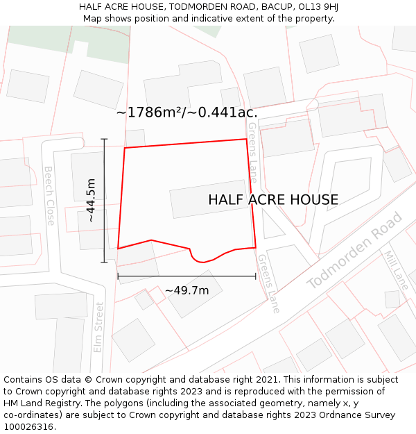 HALF ACRE HOUSE, TODMORDEN ROAD, BACUP, OL13 9HJ: Plot and title map