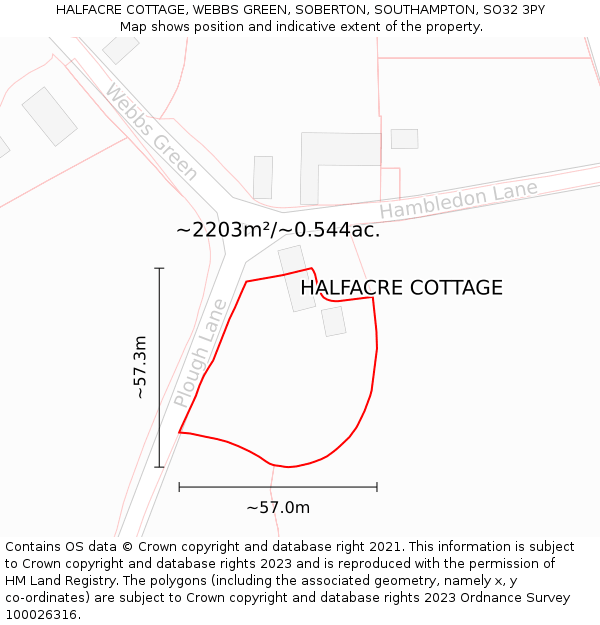 HALFACRE COTTAGE, WEBBS GREEN, SOBERTON, SOUTHAMPTON, SO32 3PY: Plot and title map