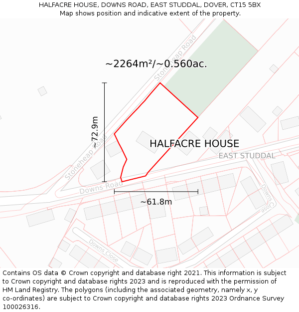 HALFACRE HOUSE, DOWNS ROAD, EAST STUDDAL, DOVER, CT15 5BX: Plot and title map