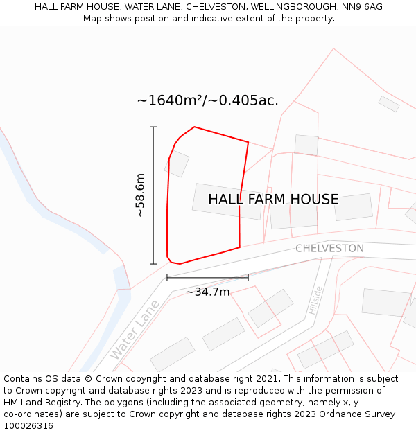 HALL FARM HOUSE, WATER LANE, CHELVESTON, WELLINGBOROUGH, NN9 6AG: Plot and title map