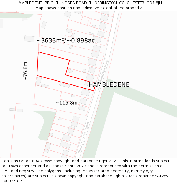 HAMBLEDENE, BRIGHTLINGSEA ROAD, THORRINGTON, COLCHESTER, CO7 8JH: Plot and title map