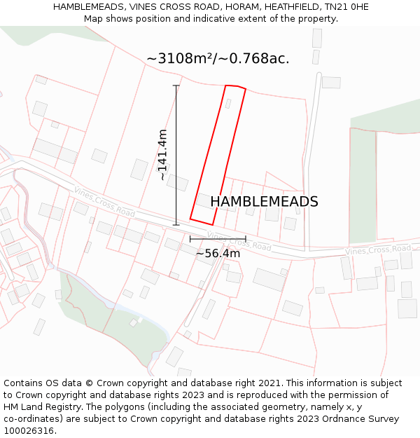 HAMBLEMEADS, VINES CROSS ROAD, HORAM, HEATHFIELD, TN21 0HE: Plot and title map