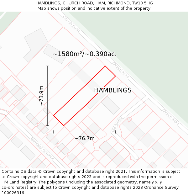 HAMBLINGS, CHURCH ROAD, HAM, RICHMOND, TW10 5HG: Plot and title map