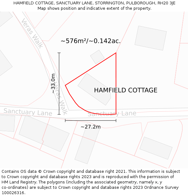 HAMFIELD COTTAGE, SANCTUARY LANE, STORRINGTON, PULBOROUGH, RH20 3JE: Plot and title map