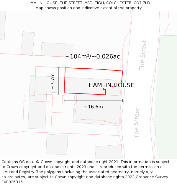 HAMLIN HOUSE, THE STREET, ARDLEIGH, COLCHESTER, CO7 7LD: Plot and title map