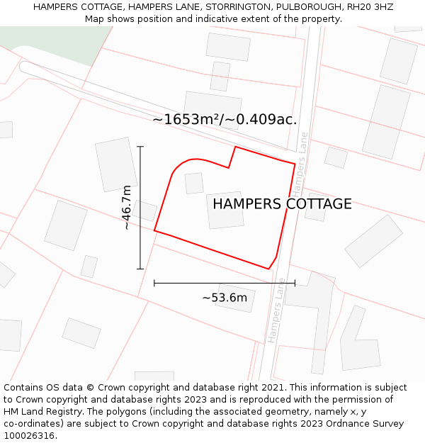 HAMPERS COTTAGE, HAMPERS LANE, STORRINGTON, PULBOROUGH, RH20 3HZ: Plot and title map