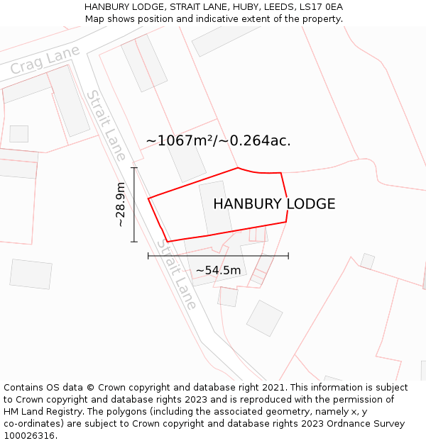 HANBURY LODGE, STRAIT LANE, HUBY, LEEDS, LS17 0EA: Plot and title map
