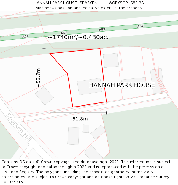 HANNAH PARK HOUSE, SPARKEN HILL, WORKSOP, S80 3AJ: Plot and title map