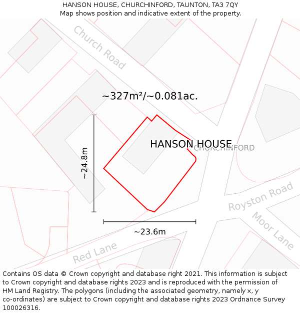 HANSON HOUSE, CHURCHINFORD, TAUNTON, TA3 7QY: Plot and title map