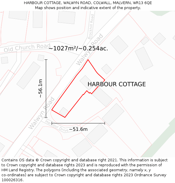 HARBOUR COTTAGE, WALWYN ROAD, COLWALL, MALVERN, WR13 6QE: Plot and title map