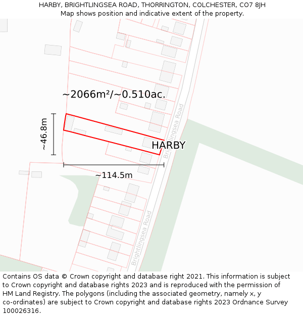 HARBY, BRIGHTLINGSEA ROAD, THORRINGTON, COLCHESTER, CO7 8JH: Plot and title map