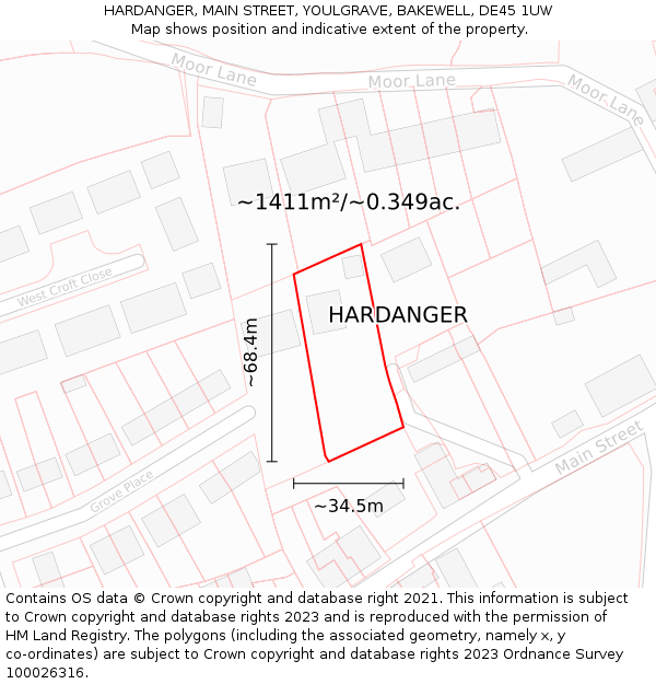 HARDANGER, MAIN STREET, YOULGRAVE, BAKEWELL, DE45 1UW: Plot and title map