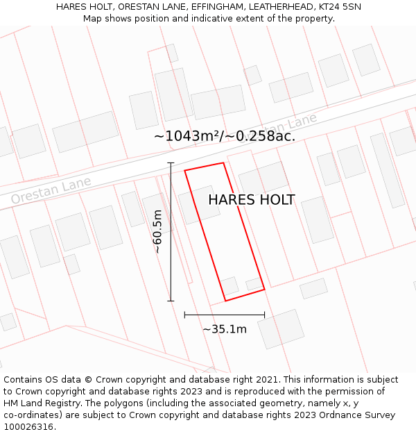 HARES HOLT, ORESTAN LANE, EFFINGHAM, LEATHERHEAD, KT24 5SN: Plot and title map