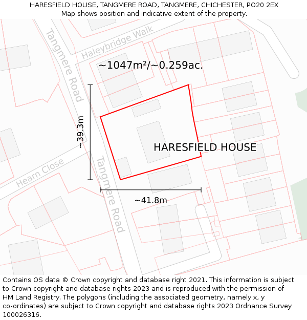 HARESFIELD HOUSE, TANGMERE ROAD, TANGMERE, CHICHESTER, PO20 2EX: Plot and title map