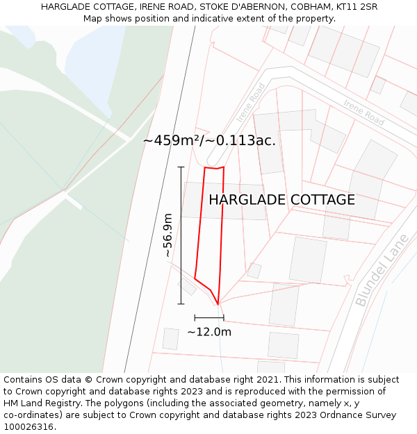 HARGLADE COTTAGE, IRENE ROAD, STOKE D'ABERNON, COBHAM, KT11 2SR: Plot and title map