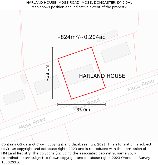 HARLAND HOUSE, MOSS ROAD, MOSS, DONCASTER, DN6 0HL: Plot and title map