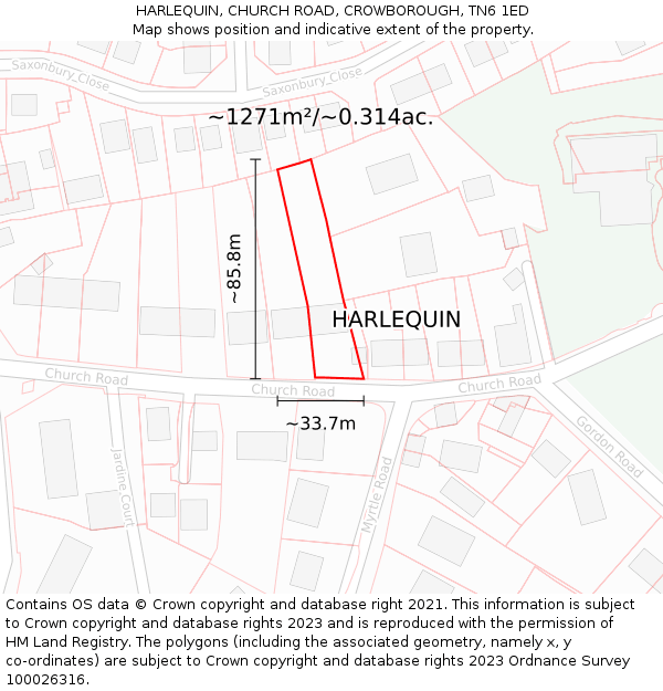 HARLEQUIN, CHURCH ROAD, CROWBOROUGH, TN6 1ED: Plot and title map