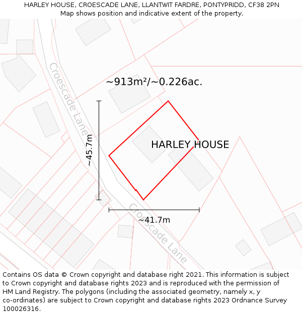 HARLEY HOUSE, CROESCADE LANE, LLANTWIT FARDRE, PONTYPRIDD, CF38 2PN: Plot and title map