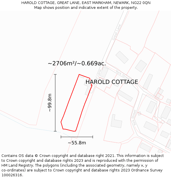 HAROLD COTTAGE, GREAT LANE, EAST MARKHAM, NEWARK, NG22 0QN: Plot and title map