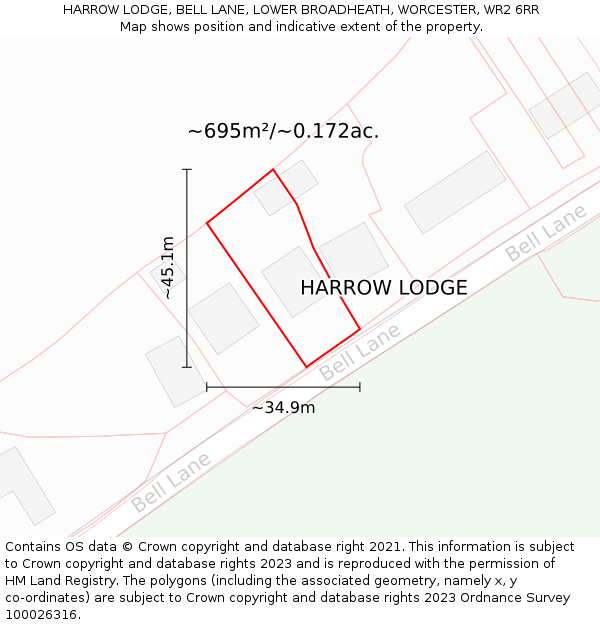 HARROW LODGE, BELL LANE, LOWER BROADHEATH, WORCESTER, WR2 6RR: Plot and title map