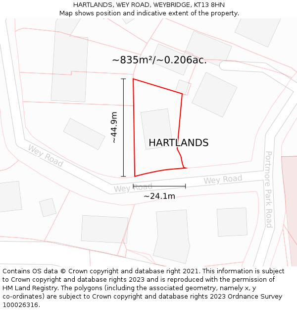 HARTLANDS, WEY ROAD, WEYBRIDGE, KT13 8HN: Plot and title map