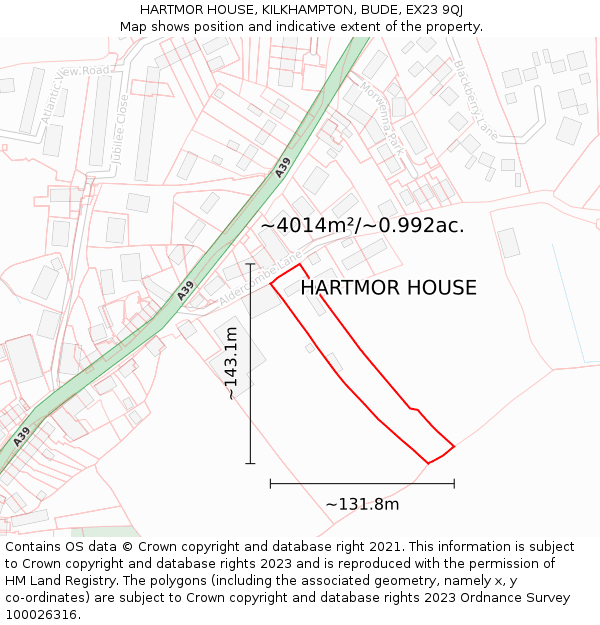 HARTMOR HOUSE, KILKHAMPTON, BUDE, EX23 9QJ: Plot and title map