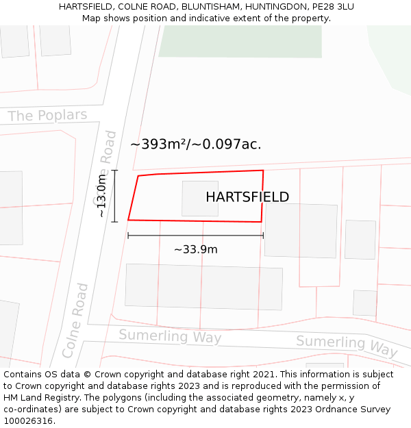 HARTSFIELD, COLNE ROAD, BLUNTISHAM, HUNTINGDON, PE28 3LU: Plot and title map