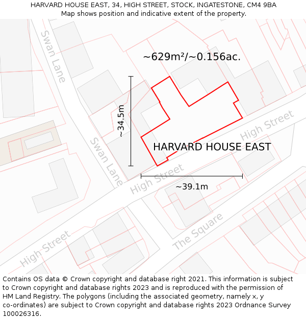 HARVARD HOUSE EAST, 34, HIGH STREET, STOCK, INGATESTONE, CM4 9BA: Plot and title map