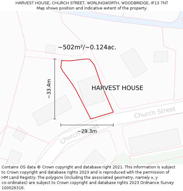 HARVEST HOUSE, CHURCH STREET, WORLINGWORTH, WOODBRIDGE, IP13 7NT: Plot and title map