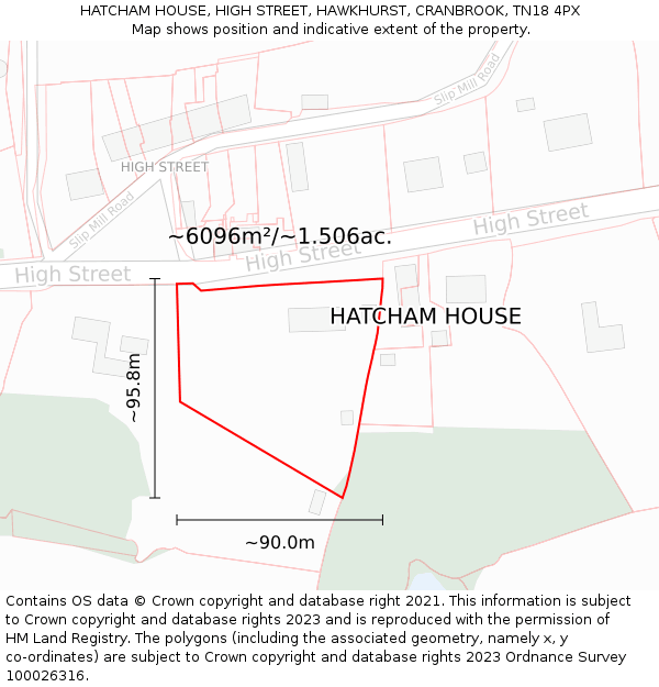 HATCHAM HOUSE, HIGH STREET, HAWKHURST, CRANBROOK, TN18 4PX: Plot and title map