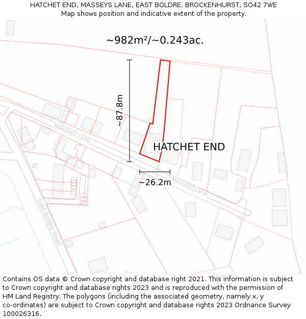 HATCHET END, MASSEYS LANE, EAST BOLDRE, BROCKENHURST, SO42 7WE: Plot and title map