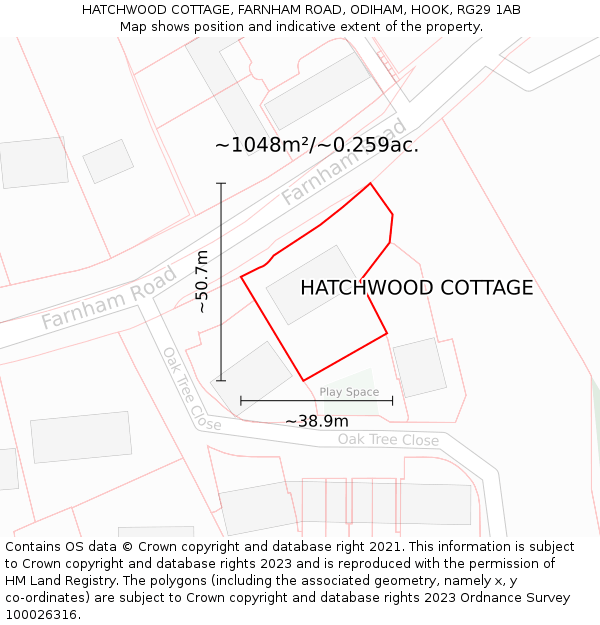 HATCHWOOD COTTAGE, FARNHAM ROAD, ODIHAM, HOOK, RG29 1AB: Plot and title map