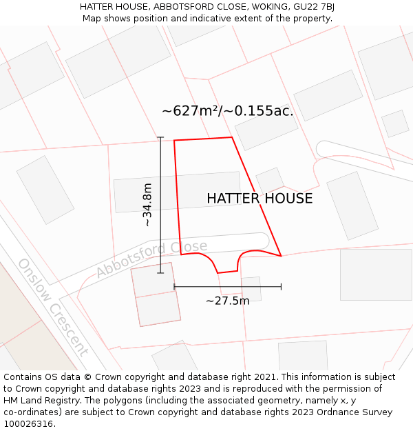 HATTER HOUSE, ABBOTSFORD CLOSE, WOKING, GU22 7BJ: Plot and title map