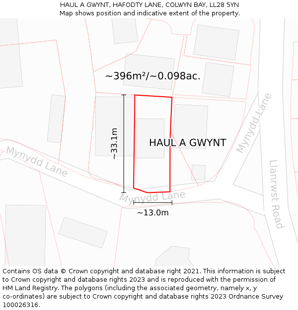 HAUL A GWYNT, HAFODTY LANE, COLWYN BAY, LL28 5YN: Plot and title map