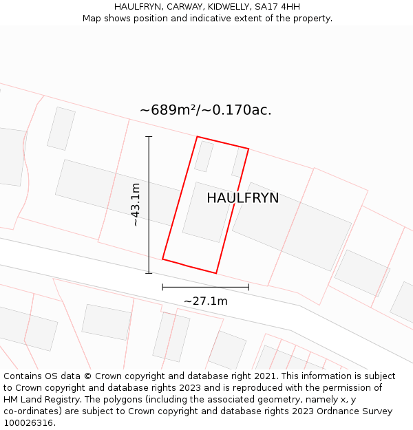 HAULFRYN, CARWAY, KIDWELLY, SA17 4HH: Plot and title map