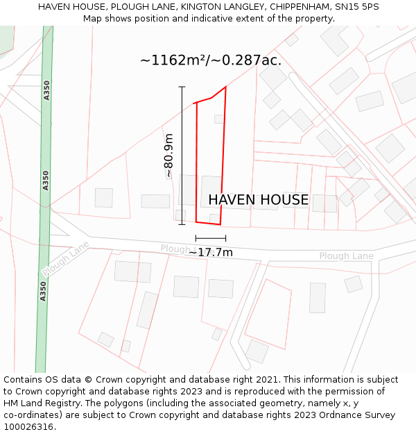 HAVEN HOUSE, PLOUGH LANE, KINGTON LANGLEY, CHIPPENHAM, SN15 5PS: Plot and title map
