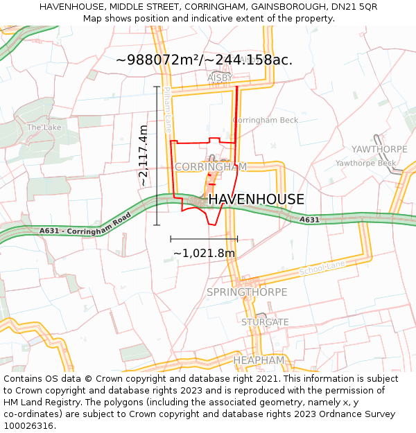 HAVENHOUSE, MIDDLE STREET, CORRINGHAM, GAINSBOROUGH, DN21 5QR: Plot and title map