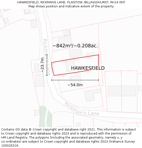 HAWKESFIELD, RICKMANS LANE, PLAISTOW, BILLINGSHURST, RH14 0NT: Plot and title map