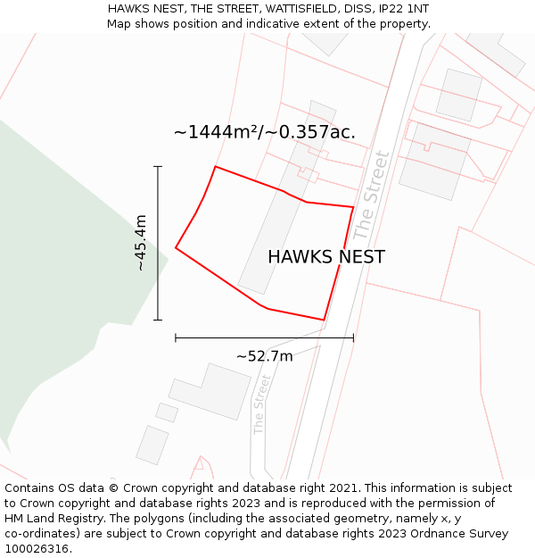 HAWKS NEST, THE STREET, WATTISFIELD, DISS, IP22 1NT: Plot and title map