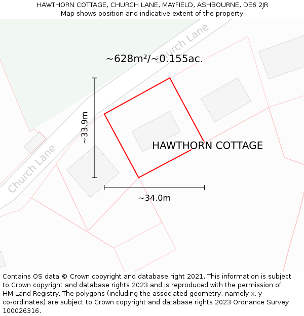 HAWTHORN COTTAGE, CHURCH LANE, MAYFIELD, ASHBOURNE, DE6 2JR: Plot and title map