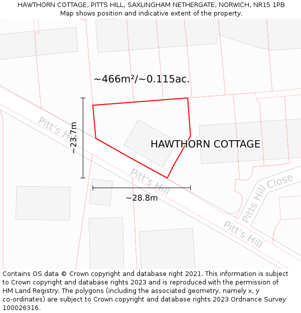 HAWTHORN COTTAGE, PITTS HILL, SAXLINGHAM NETHERGATE, NORWICH, NR15 1PB: Plot and title map