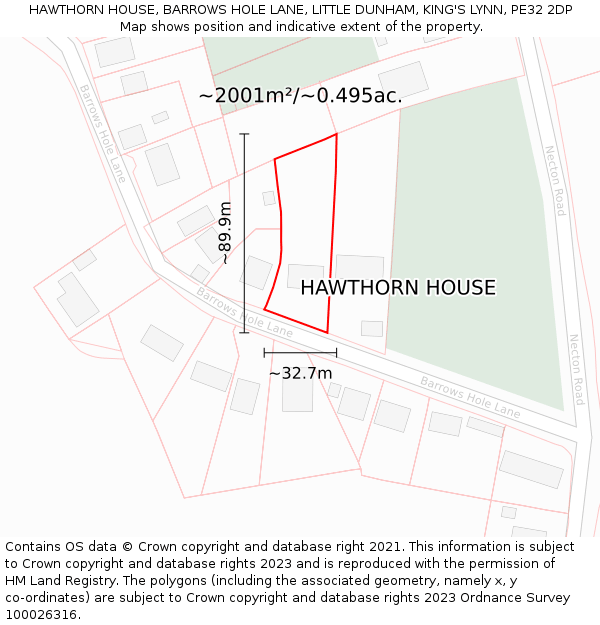 HAWTHORN HOUSE, BARROWS HOLE LANE, LITTLE DUNHAM, KING'S LYNN, PE32 2DP: Plot and title map