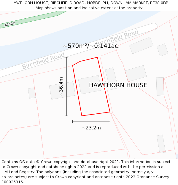 HAWTHORN HOUSE, BIRCHFIELD ROAD, NORDELPH, DOWNHAM MARKET, PE38 0BP: Plot and title map