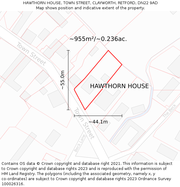 HAWTHORN HOUSE, TOWN STREET, CLAYWORTH, RETFORD, DN22 9AD: Plot and title map