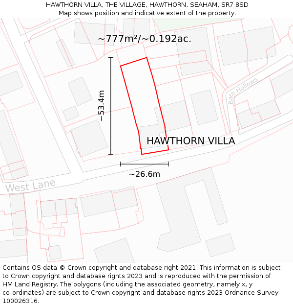 HAWTHORN VILLA, THE VILLAGE, HAWTHORN, SEAHAM, SR7 8SD: Plot and title map