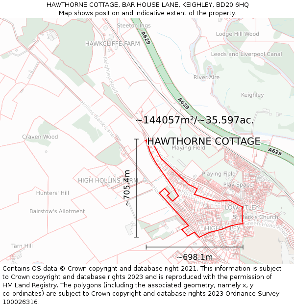 HAWTHORNE COTTAGE, BAR HOUSE LANE, KEIGHLEY, BD20 6HQ: Plot and title map