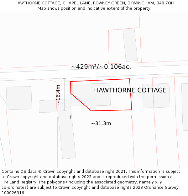 HAWTHORNE COTTAGE, CHAPEL LANE, ROWNEY GREEN, BIRMINGHAM, B48 7QH: Plot and title map