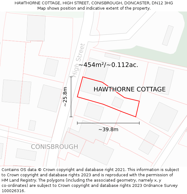 HAWTHORNE COTTAGE, HIGH STREET, CONISBROUGH, DONCASTER, DN12 3HG: Plot and title map